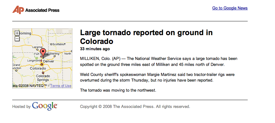 Google News tornado sighting report