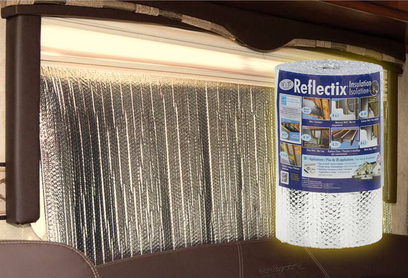 Reflectix insulation material cut to fit an RV window